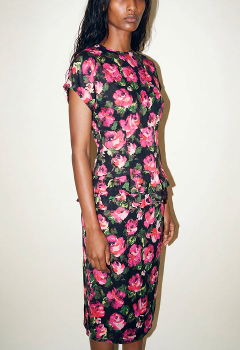 Black Pink Floral Peplum Dress