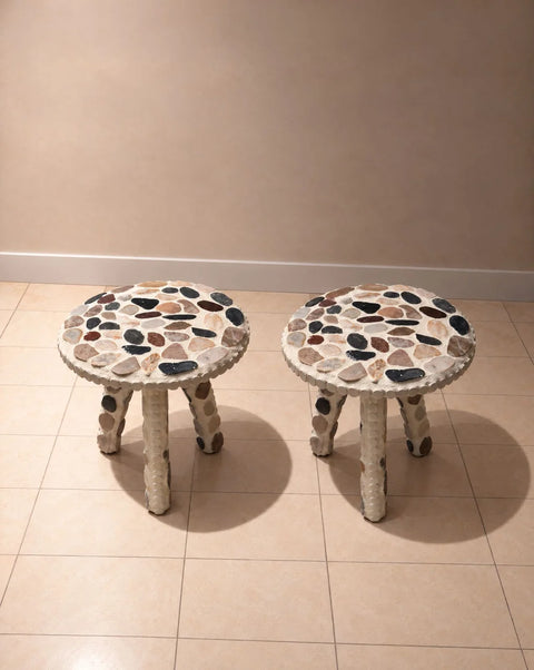 Handmade Multicolor Stone Mosaic Side Tables – Pair
