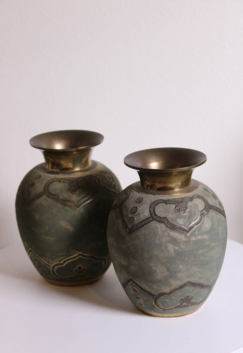 Pair of Vintage Brass & Enamel Teal Green Baroque Vases