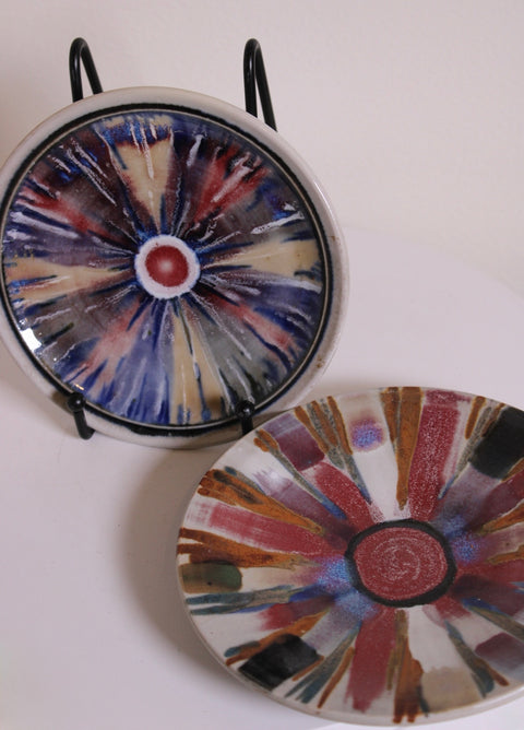 Pair Mid Century Studio Pottery Sunburst Chargers