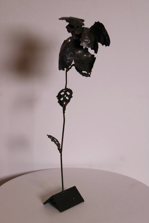 Vintage Hand-Forged Metal Rose Sculpture on Stand