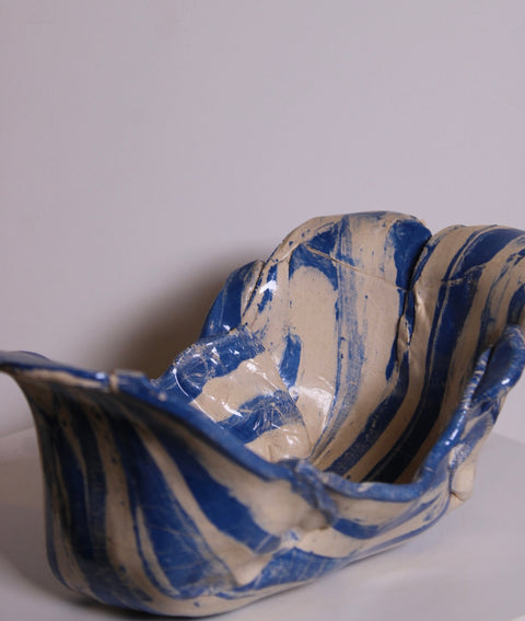 Folded Sculptural Blue Striped Ceramic Bowl