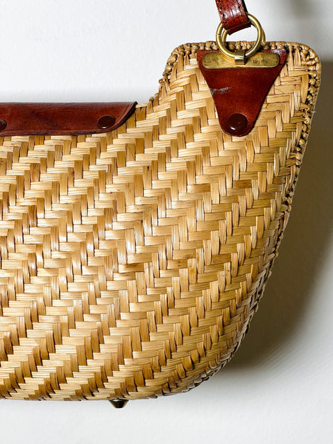 Woven Straw Crescent Shoulder Bag with Brown Trim