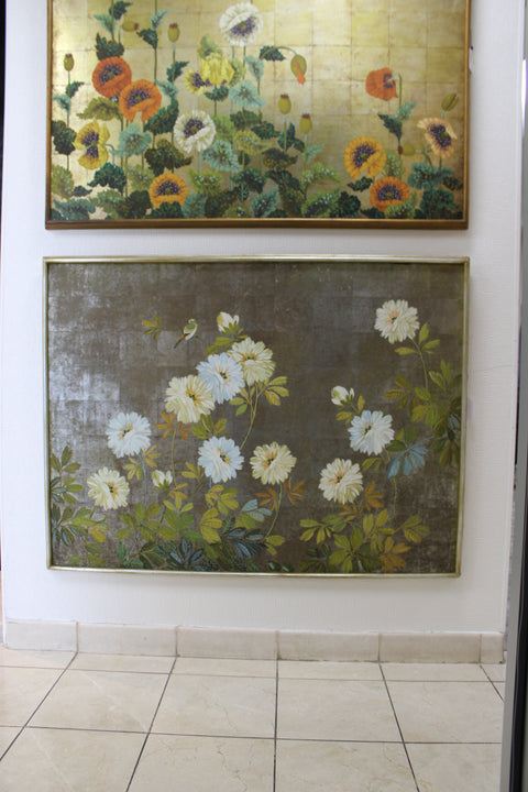Vintage Japanese Floral Screen Panel with Poppies