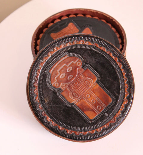 Tooled Leather Round Coaster Set