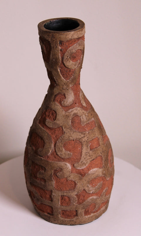 Vintage Earthware Scroll Design Bottle Neck Vase