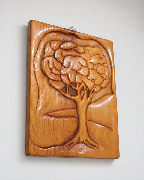 Carved Wood Tree Relief Wall Art in Honey Tones