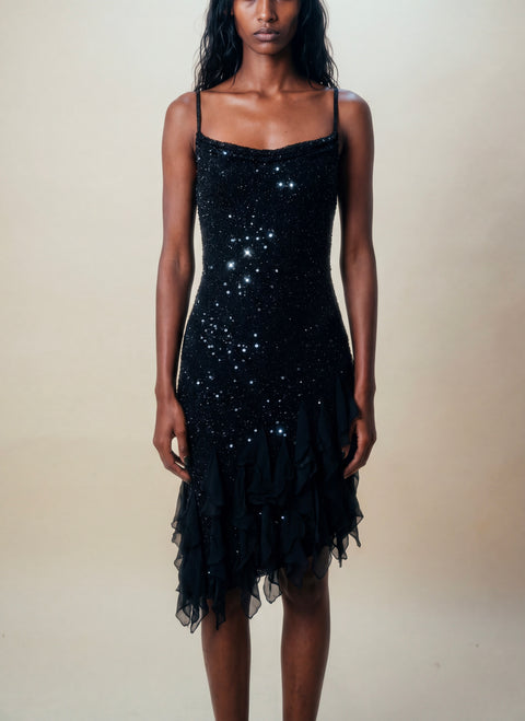 Stenay Vintage Black Sequin Ruffle Slip Dress