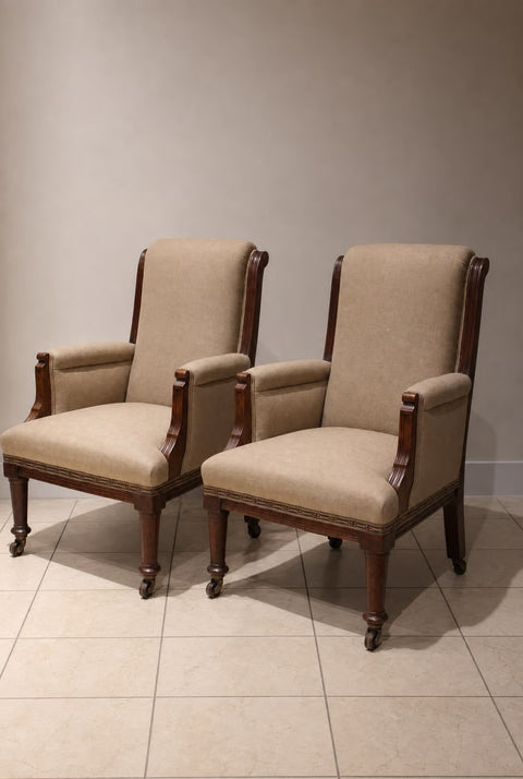 Vintage High-Back Upholstered Armchairs (Pair) | Traditional Walnut Accent Chairs