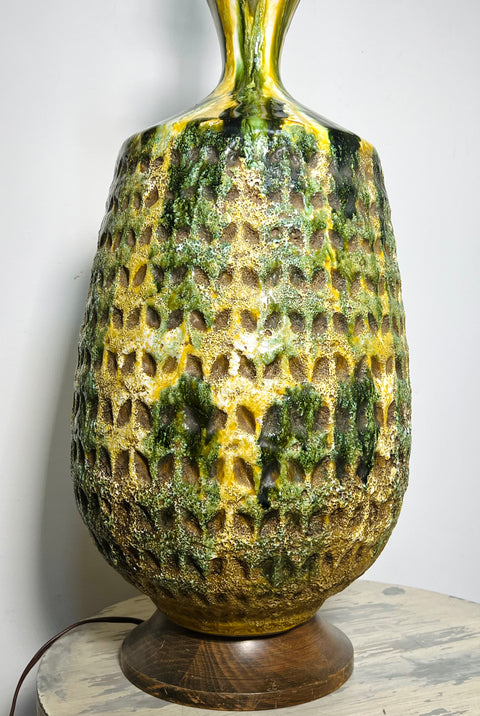 Original Mid-Century Ceramic Green and Yellow Pineapple Style Lamp