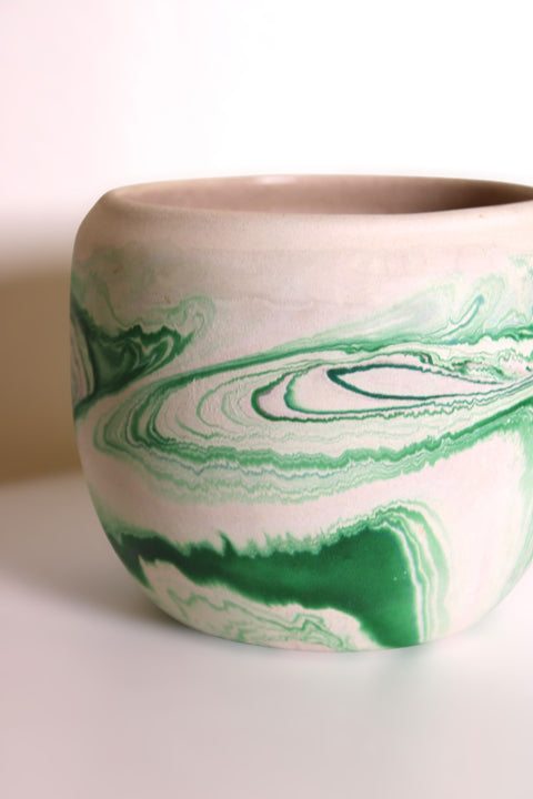 Vintage Nemadji Pottery Green Marble Cachepot Planter Handmade Clay
