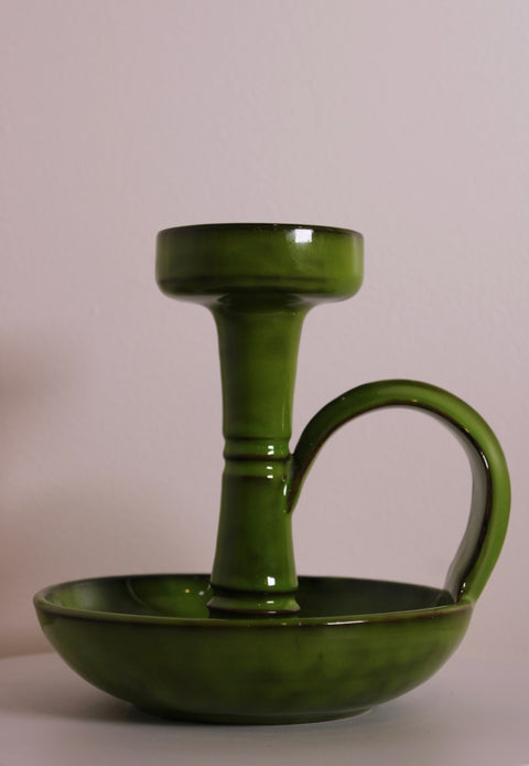 Mid Century Olive Green Pottery Chamberstick Candle Holder