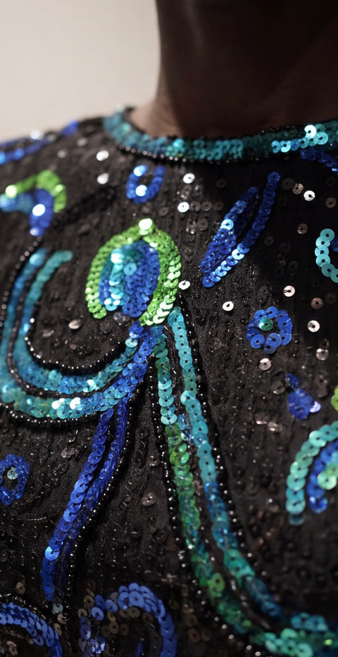 Vintage Stenay Blue Beaded Sequin Shift Dress