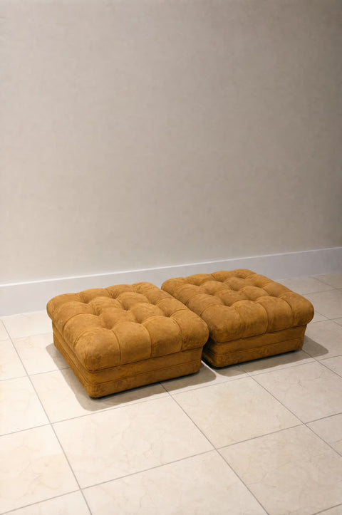 Vintage Pair of 1960s Biscuit Trigger Carmel Ultra Suede Ottomans