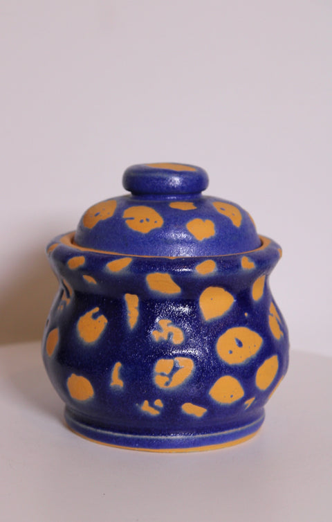 Blue Yellow Spotted Covered Pottery Box