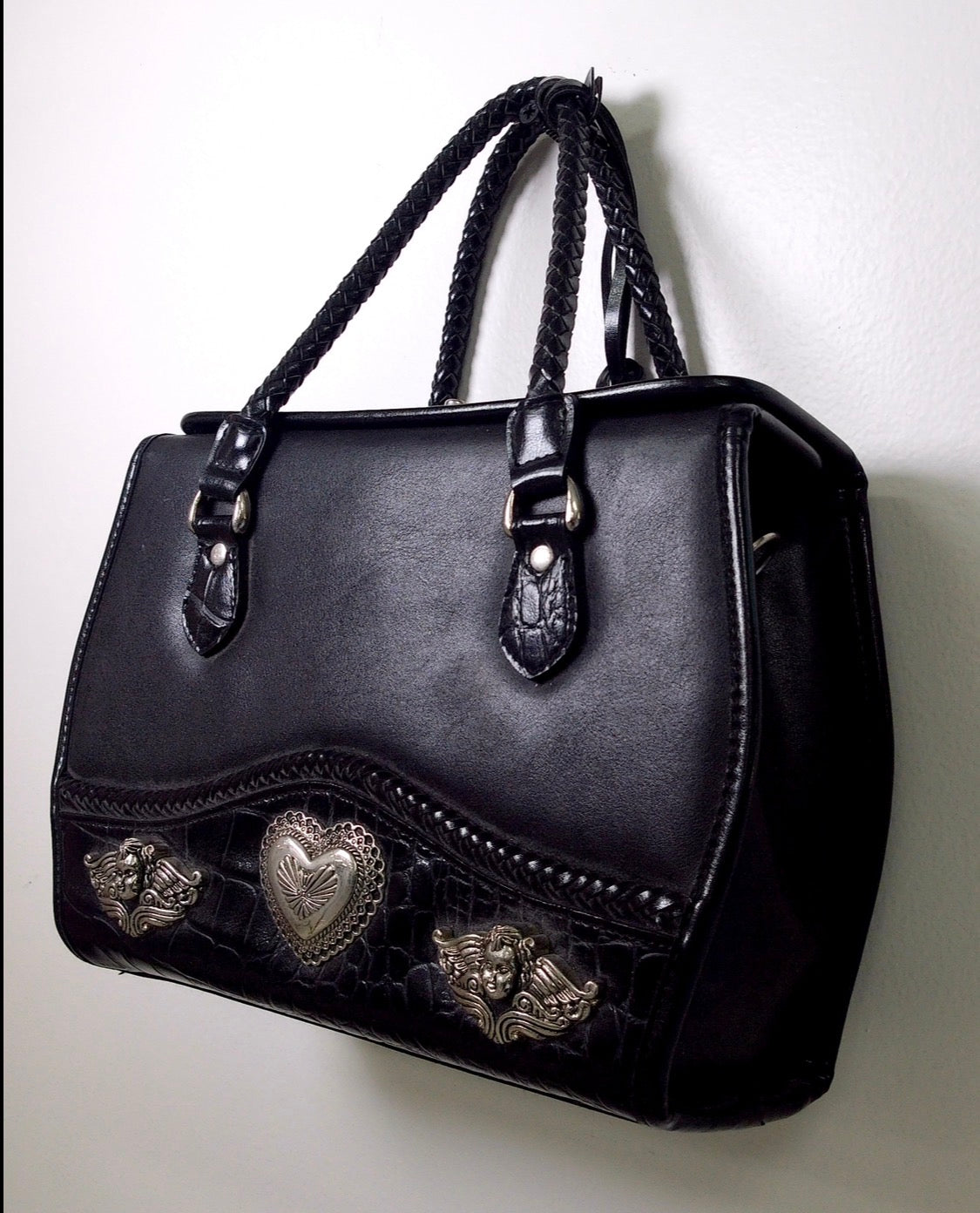 Pre Owned Brighton Black Leather Doctor Bag | Cherub & Heart Silver Concho Hardware | Braided Handles | 90s (Y2K Vintage)