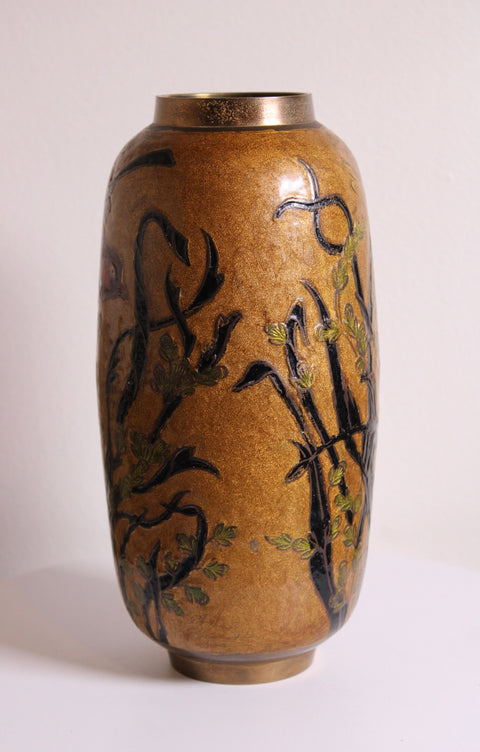 Vintage Japanese Hand-Painted Brass Enamel Bird & Bamboo Vase