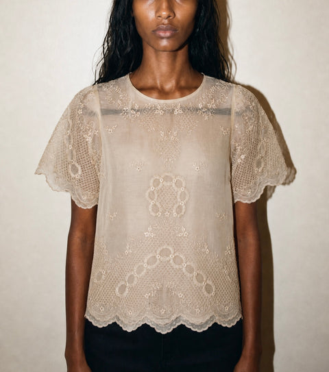 Hand-Embroidered Cream Sheer Vintage Blouse