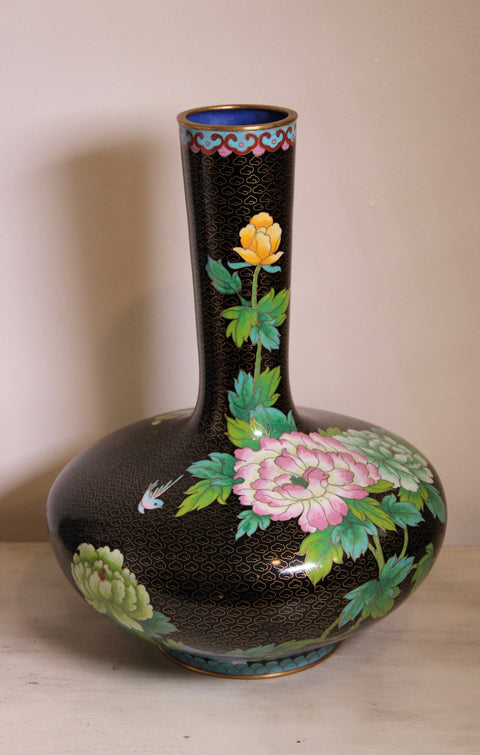 Vintage Black Cloisonne Style Floral Bottle Vase with Peonies