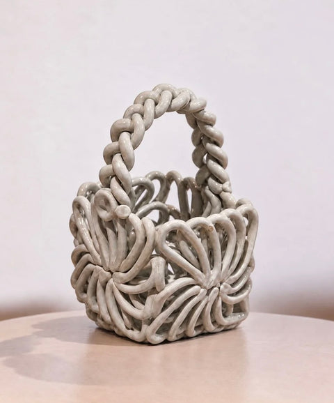 White Openwork Ceramic Basket with Twisted Handle