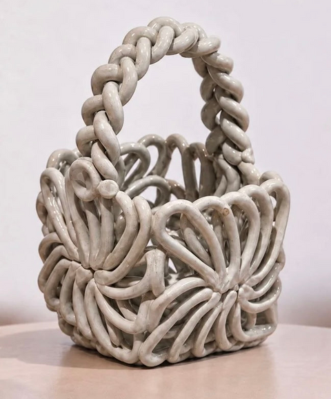 White Openwork Ceramic Basket with Twisted Handle