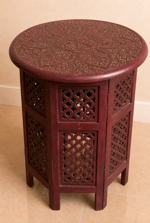 Vintage Hand-Carved Moroccan Round Accent Table | Red Wood Side Table