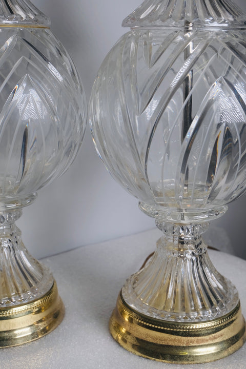 Pair of “Hollywood Regency” Crystal Ball And Brass Lamps