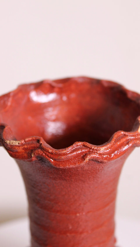 Red Glazed Scalloped Rim Vase