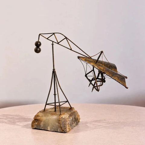 Vintage Metal Hang Glider Balance Sculpture on Stone Base