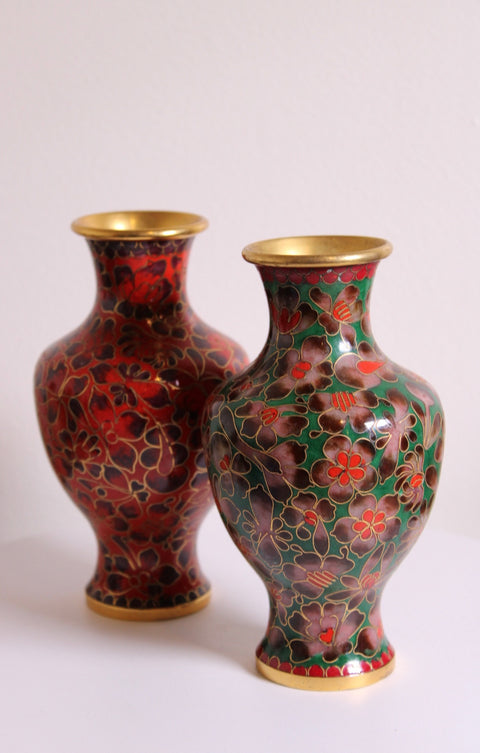 Pair of Vintage Chinese Cloisonné Floral Vase – Emerald Green Enamel