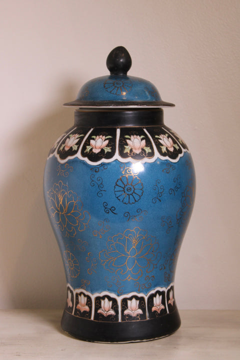 Vintage Blue Cloisonne Style Covered Ginger Jar Floral Enamel Urn