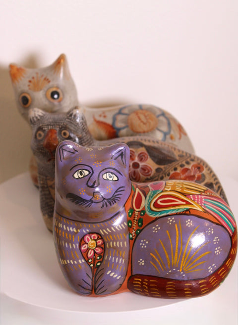 Purple Tonala Pottery Cat Sculpture, Hand-Painted