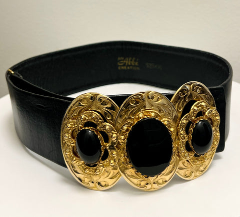 Hobé Black Belt with Gold-Tone Medallions