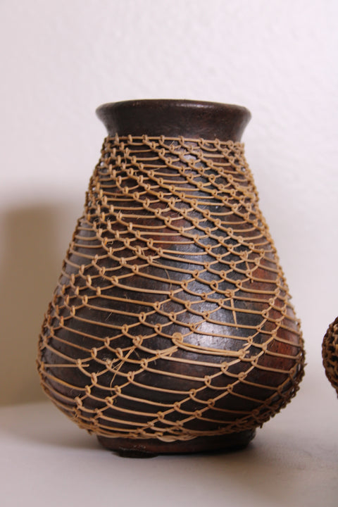 Pair Woven Wrapped Wood Vessels