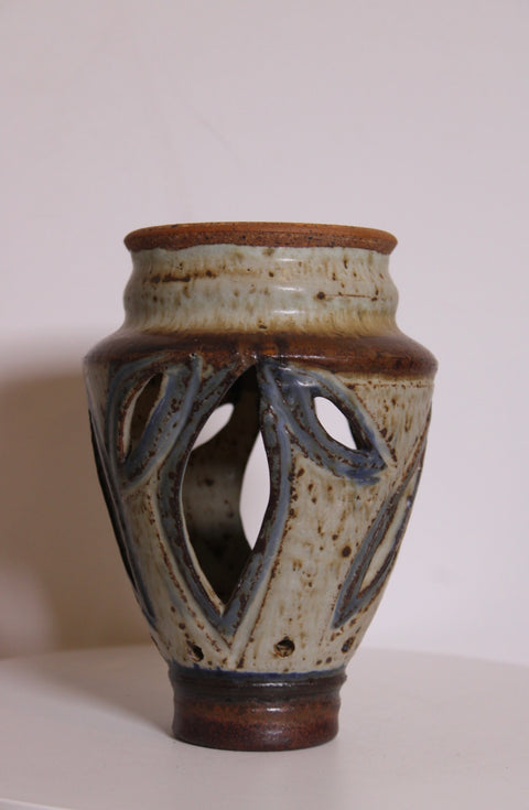 Signed Openwork Studio Pottery Carved Vase