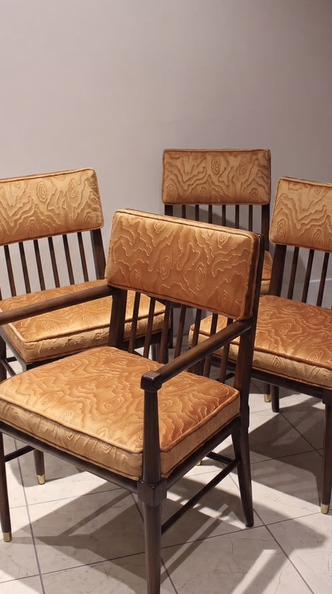 Set of 6 Mid Century Modern Walnut Dining Chairs – Brass Capped Legs & Velvet Upholstery