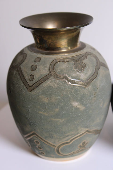 Pair of Vintage Brass & Enamel Teal Green Baroque Vases