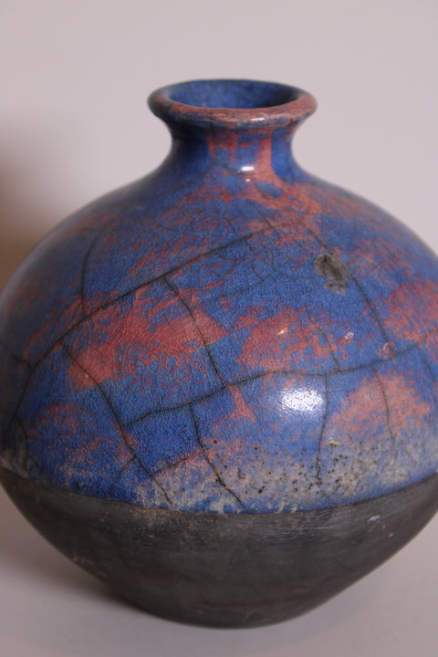 Signed Raku Studio Pottery Vessel in Cobalt & Black