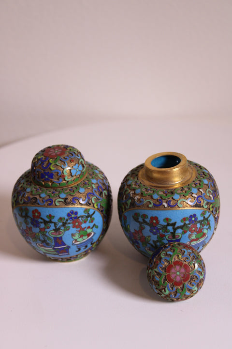 Vintage Chinese Cloisonné Mini Ginger Jar Pair