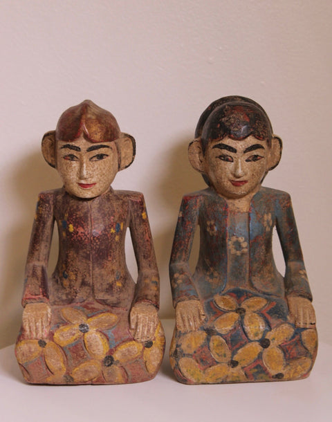 Pair Seated Antique Javanese Folk Art Floral Carved Figures