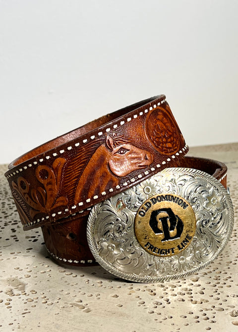 Brown Tooled Western Belt with Old Dominion Buckle