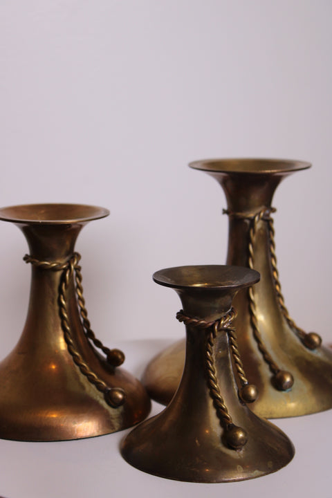 Vintage Set of Three Brass Rope Tassel Candle Holders