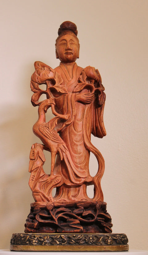 Vintage Carved Wood Immortal Figure Sculpture with Crane and Lotus Base
