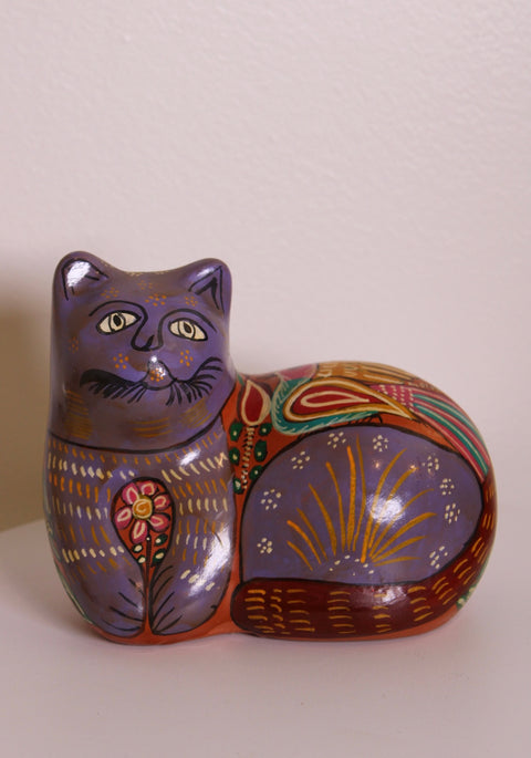 Purple Tonala Pottery Cat Sculpture, Hand-Painted