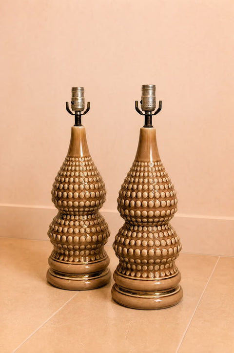 Pair of Brown Hobnail Ceramic Table Lamps