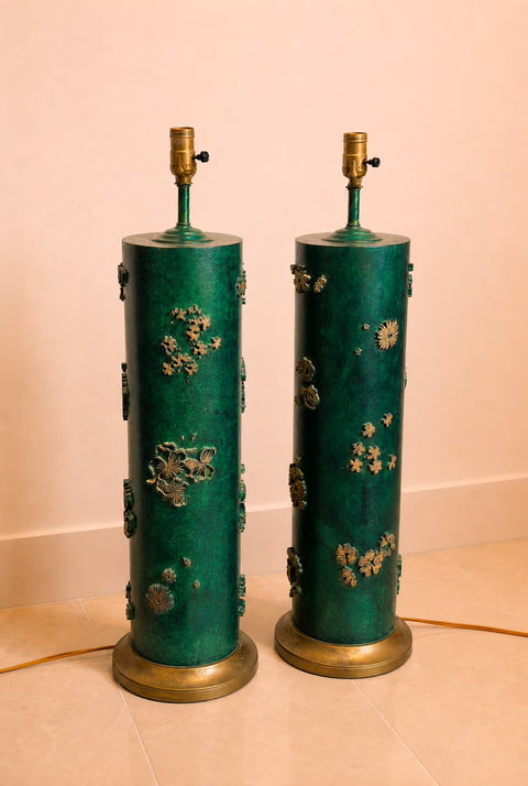 Pair of Green Antique Wallpaper Roller Lamps