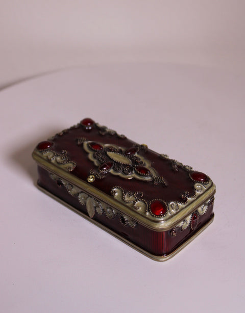 Vintage Carved Geometric Metal Lidded Box Patinated Decorative Storage Box