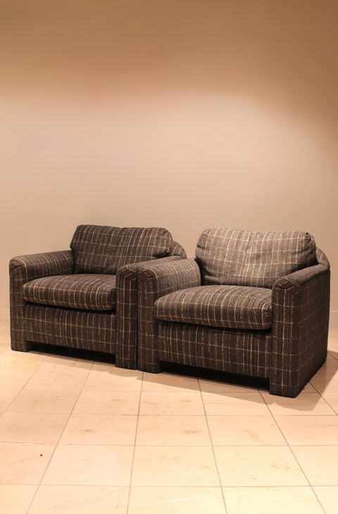 Vintage Club Lounge Chairs in Ralph Lauren Fabric | Pair of Reupholstered Armchairs