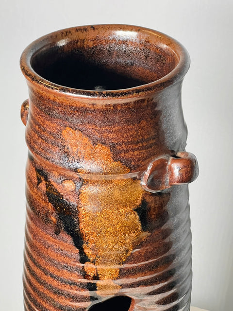Signed Brown Glazed Clay Vase