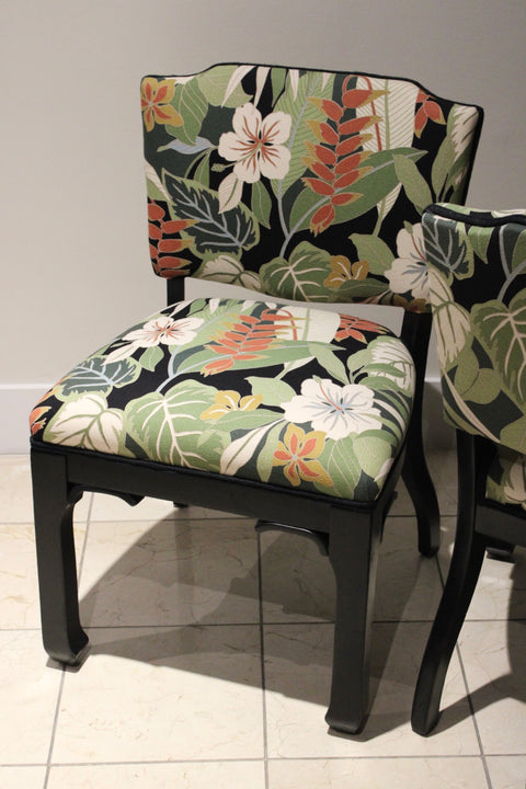 Hollywood Regency Side Chairs | Pair of Black Lacquer Upholstered Accent Chairs